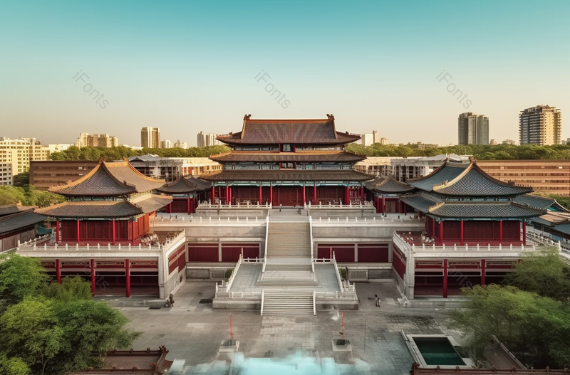 大气宏伟红色古建筑正面航拍摄影美景,高清,摄影图,摄影图片,图片大全,摄影图免费下载